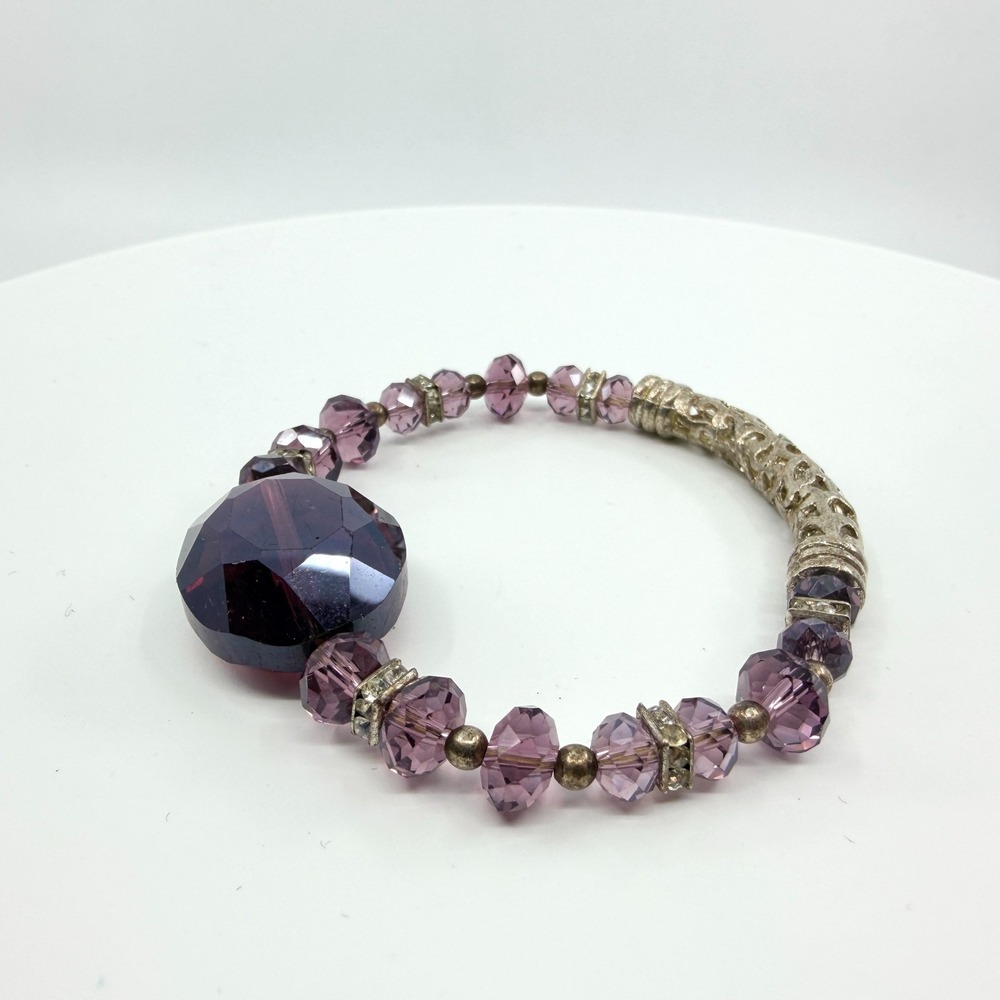 Vintage Y2K Purple Faceted Crystal Beaded Stretch Bracelet Silver Tone Chunky